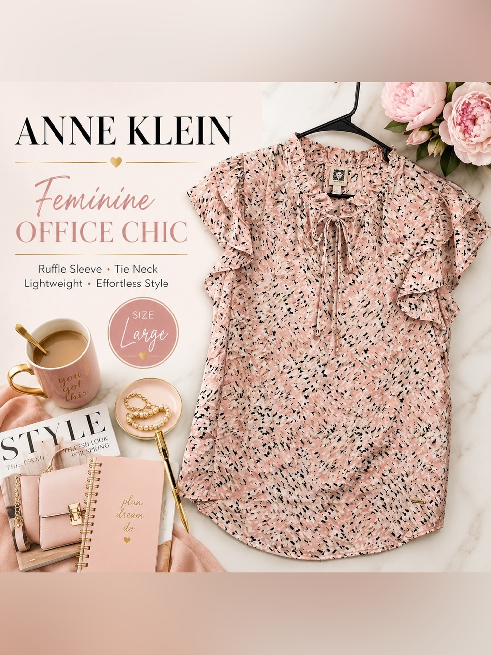 Anne Klein Women’s Size Large Pink Abstract Print Ruffle Sleeve Tie Neck Blouse